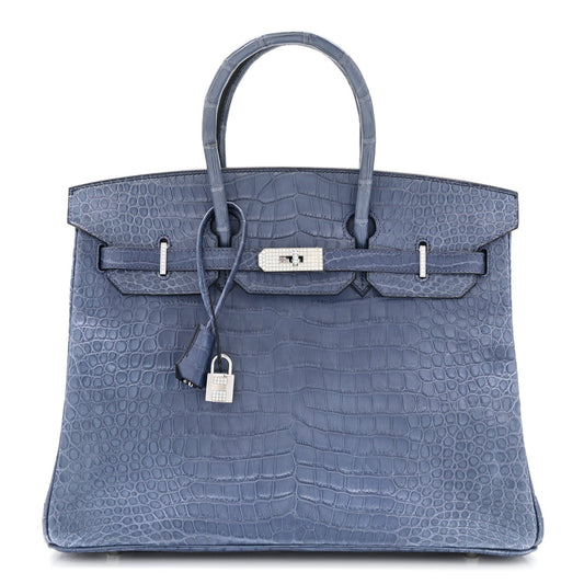 Matte Porosus Crocodile 18K White Gold Diamond Birkin 35 Bleu Brighton