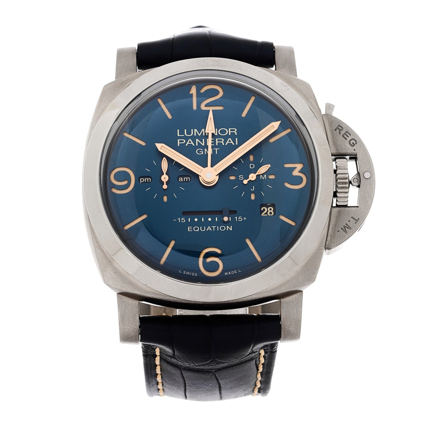 Titanium Alligator 47mm Luminor Equation of Time GMT Manual Winding Watch Blue PAM00670