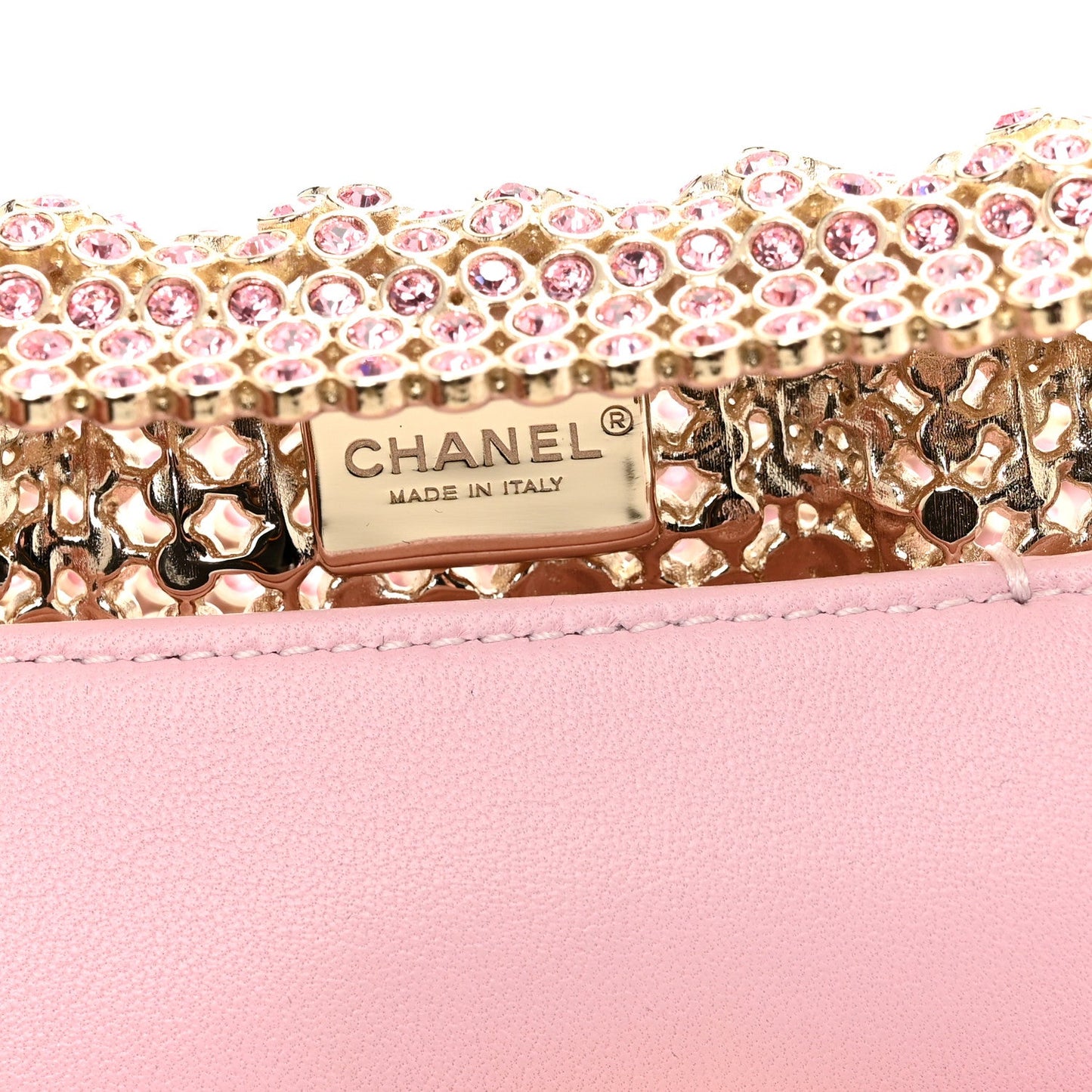 Crystal Embellished Metallic Lambskin Mini Chanel 22 Light Pink