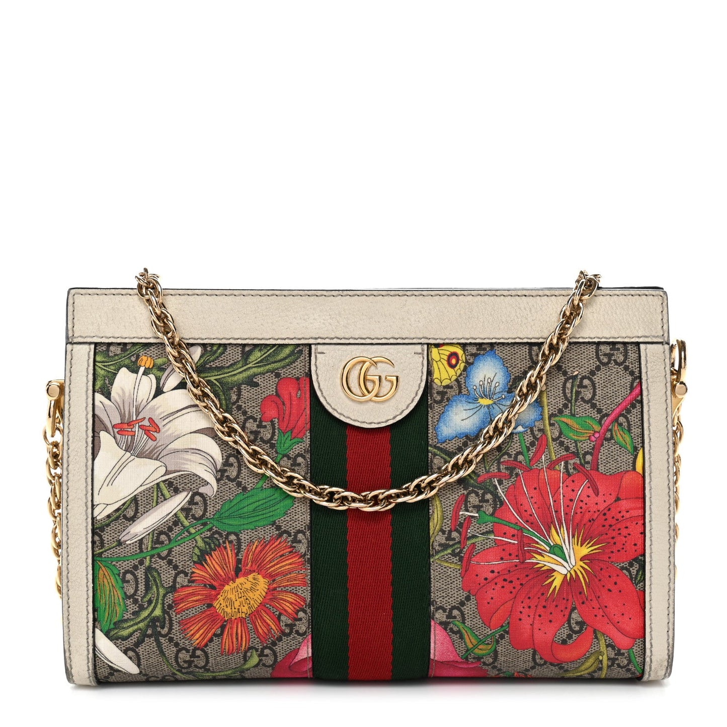 GG Supreme Monogram Flora Web Small Ophidia Chain Shoulder Bag White
