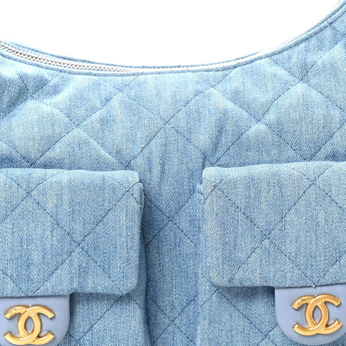 Washed Denim Quilted Large Trendy Pockets Hobo Blue