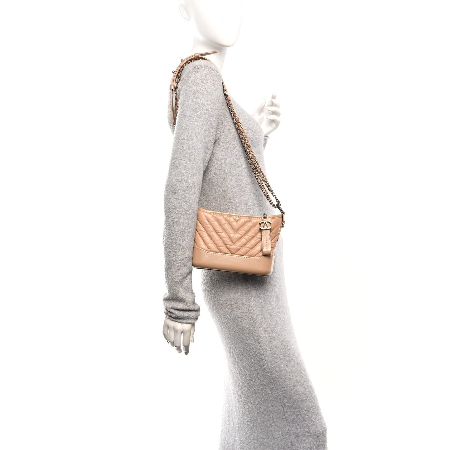 Aged Calfskin Chevron Quilted Small Gabrielle Hobo Beige