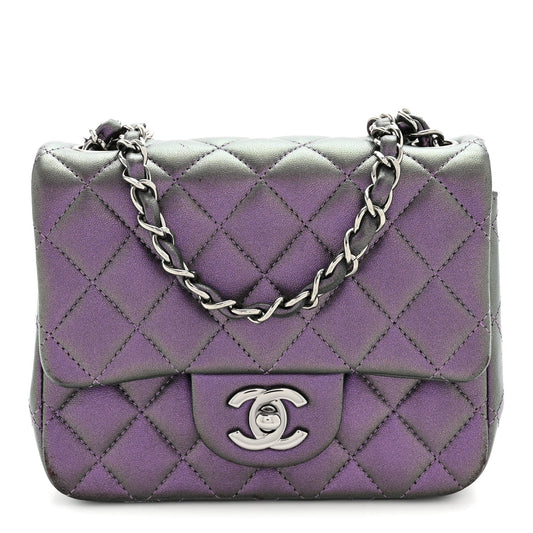 Iridescent Lambskin Quilted Mini Square Flap Dark Purple