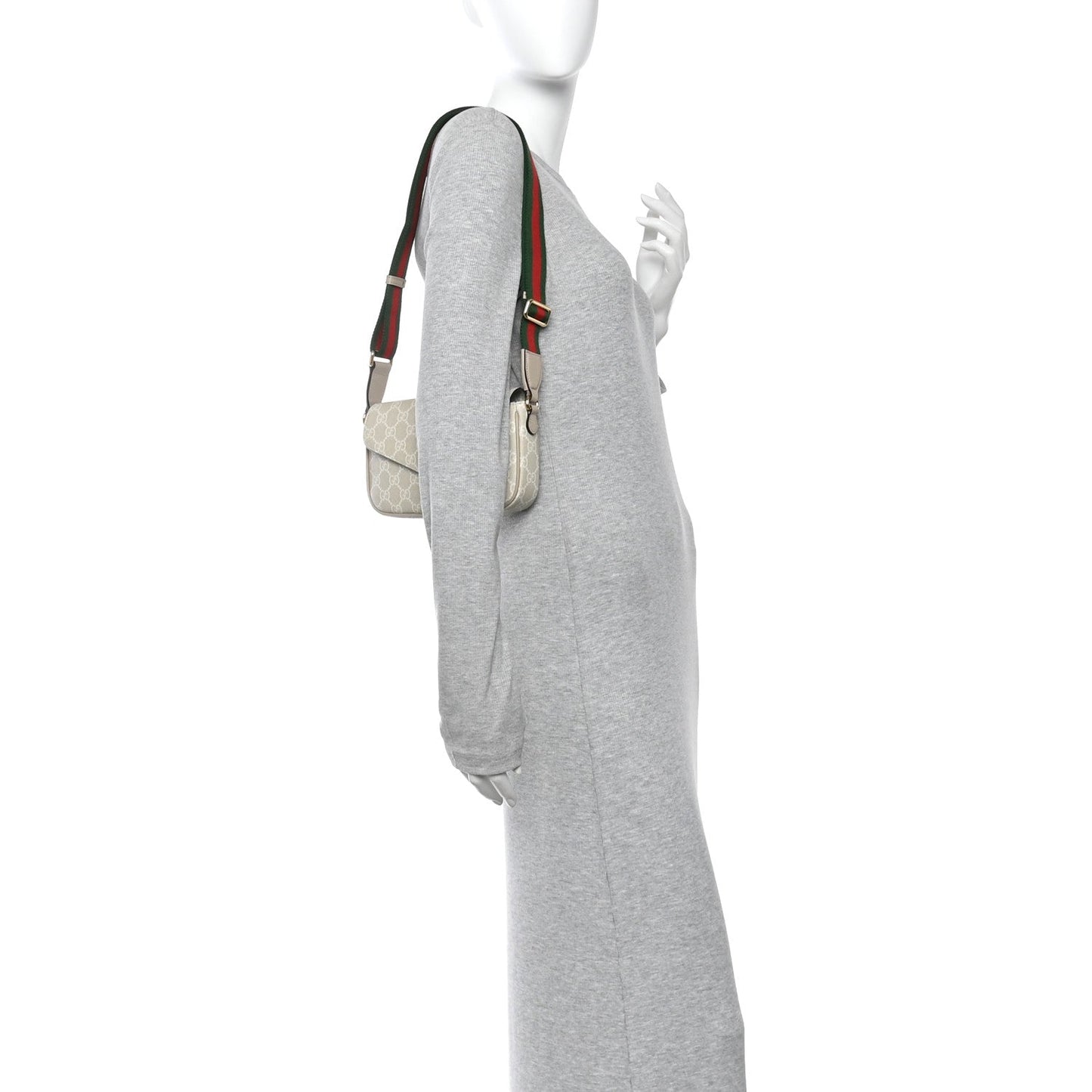 GG Supreme Monogram Textured Dollar Calfskin Web Mini Ophidia Envelope Shoulder Bag Beige Mystic White Oatmeal