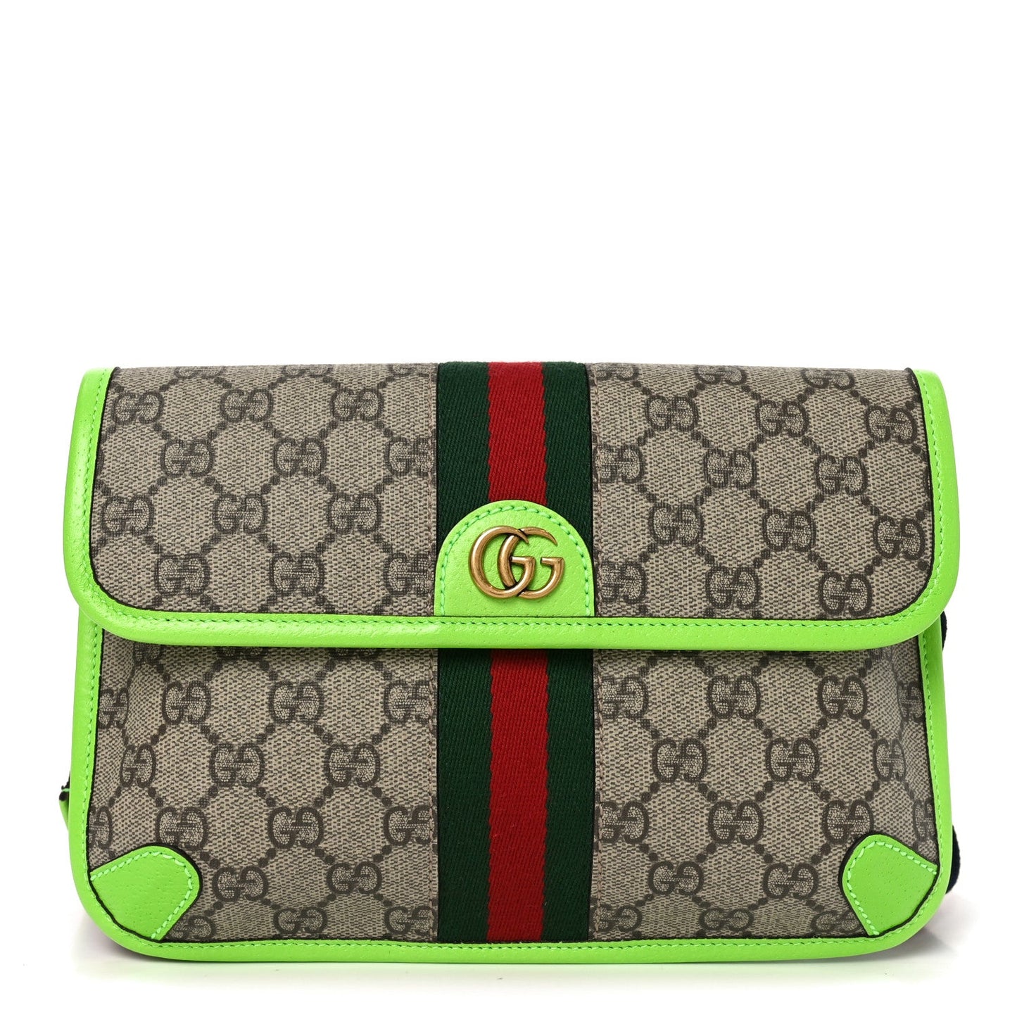 GG Supreme Monogram Web Small Ophidia Belt Bag Beige Ebony Electric Green
