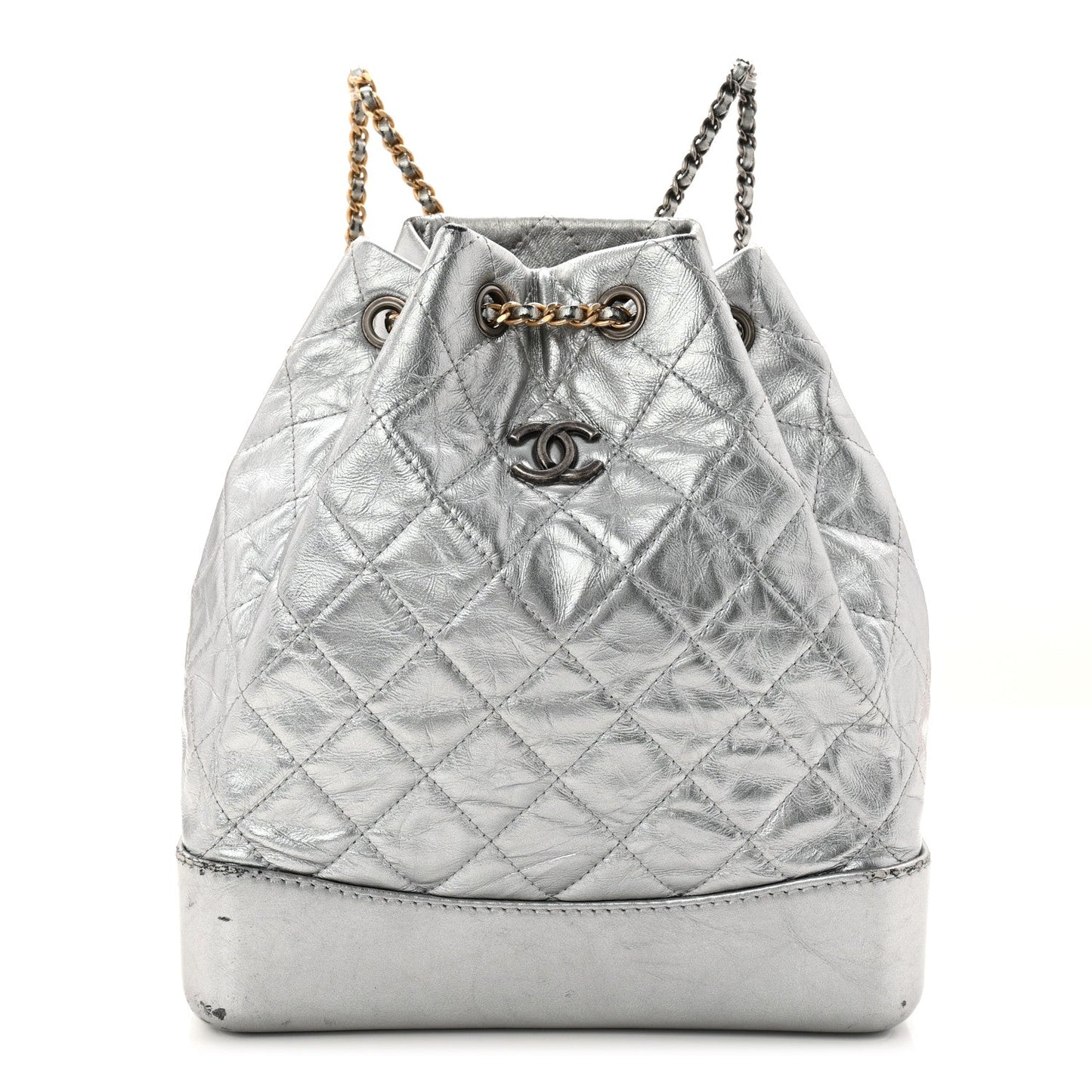 Metallic Crumpled Calfskin Quilted Small Gabrielle Backpack Silver