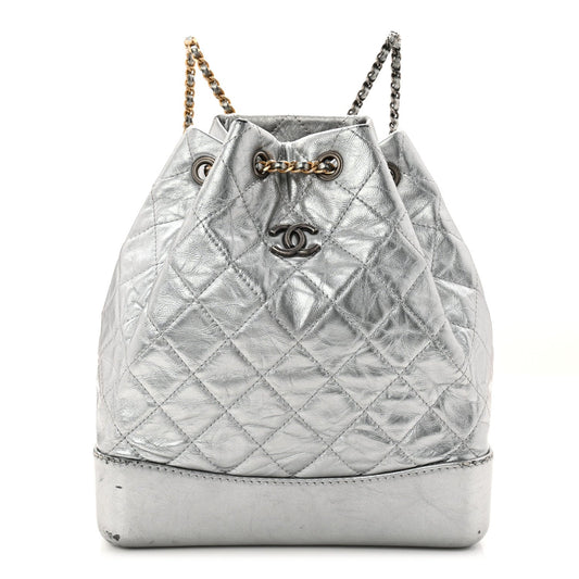 Metallic Crumpled Calfskin Quilted Small Gabrielle Backpack Silver