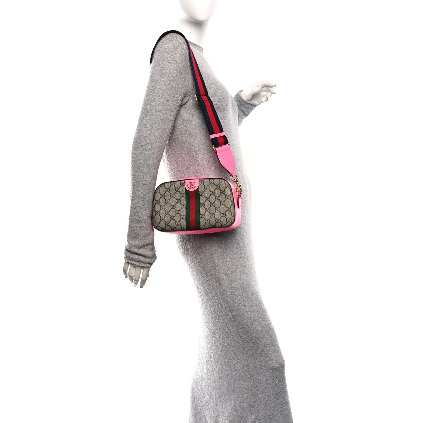 GG Supreme Monogram Textured Dollar Calfskin Web Ophidia Small Crossbody Bag Beige Ebony Fuchsia