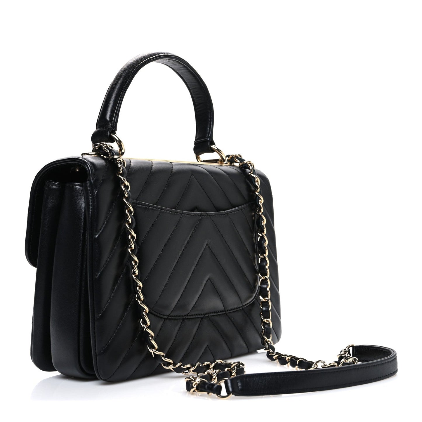 Lambskin Chevron Quilted Small Trendy CC Flap Dual Handle Bag Black