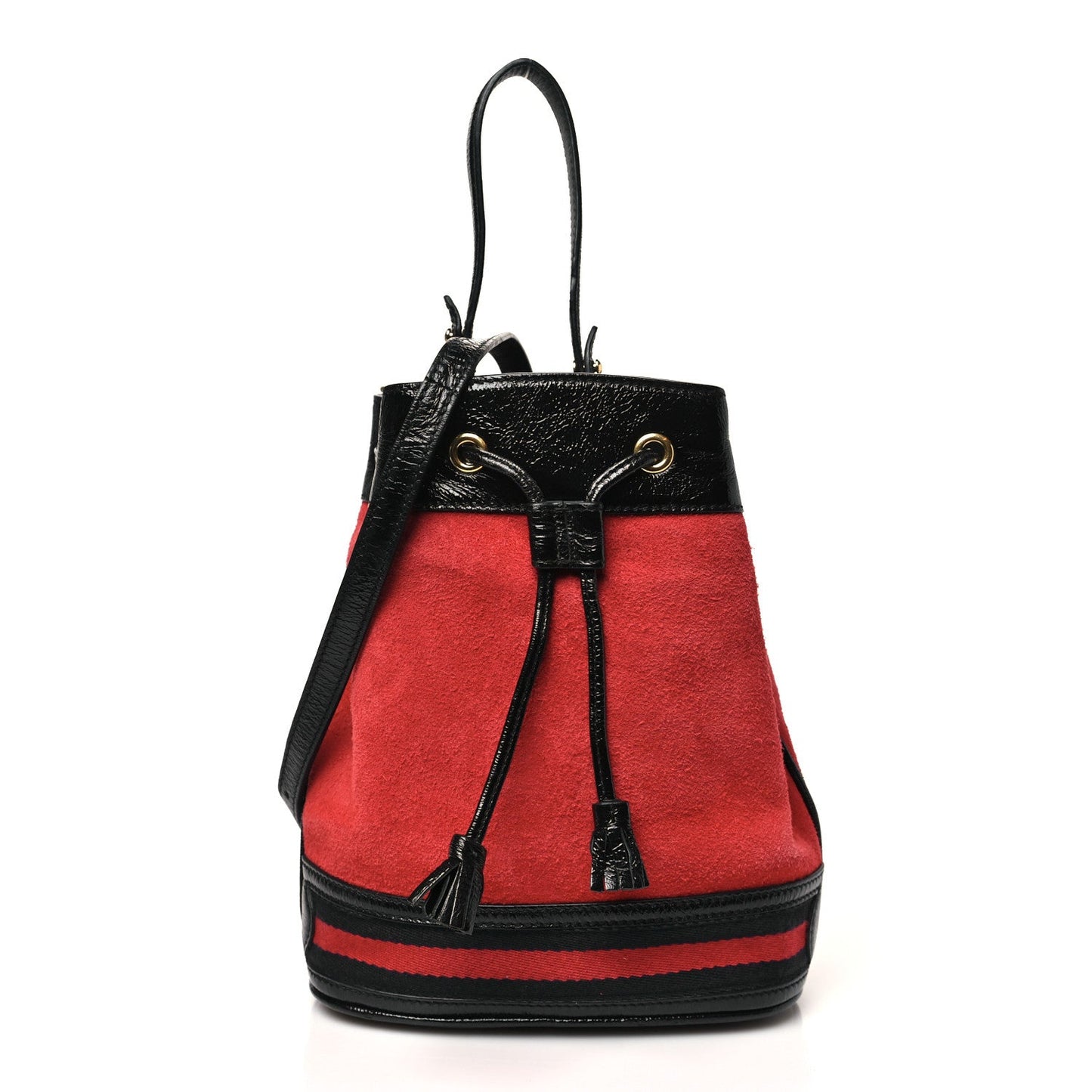 Suede Patent Web Small Ophidia Bucket Bag Hibiscus Red Black