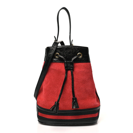 Suede Patent Web Small Ophidia Bucket Bag Hibiscus Red Black