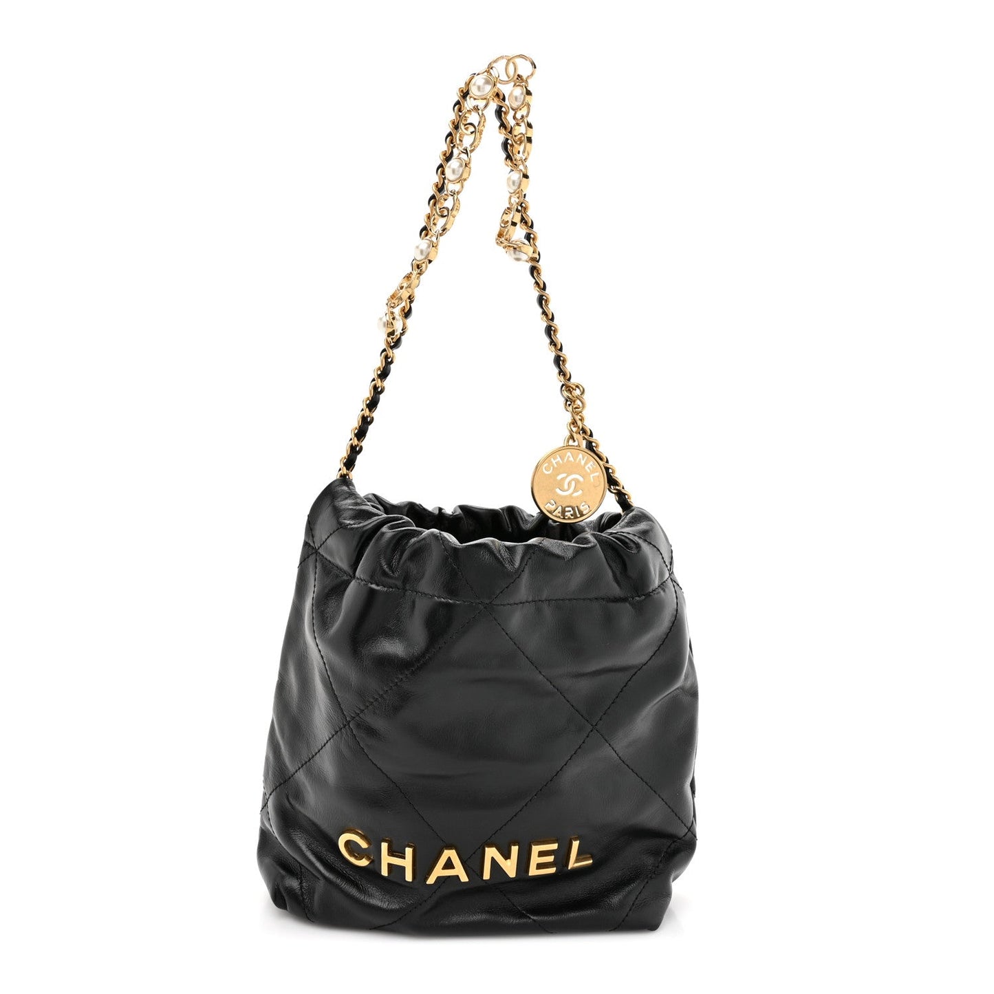 Shiny Calfskin Quilted Pearl CC Chain Mini Chanel 22 Black