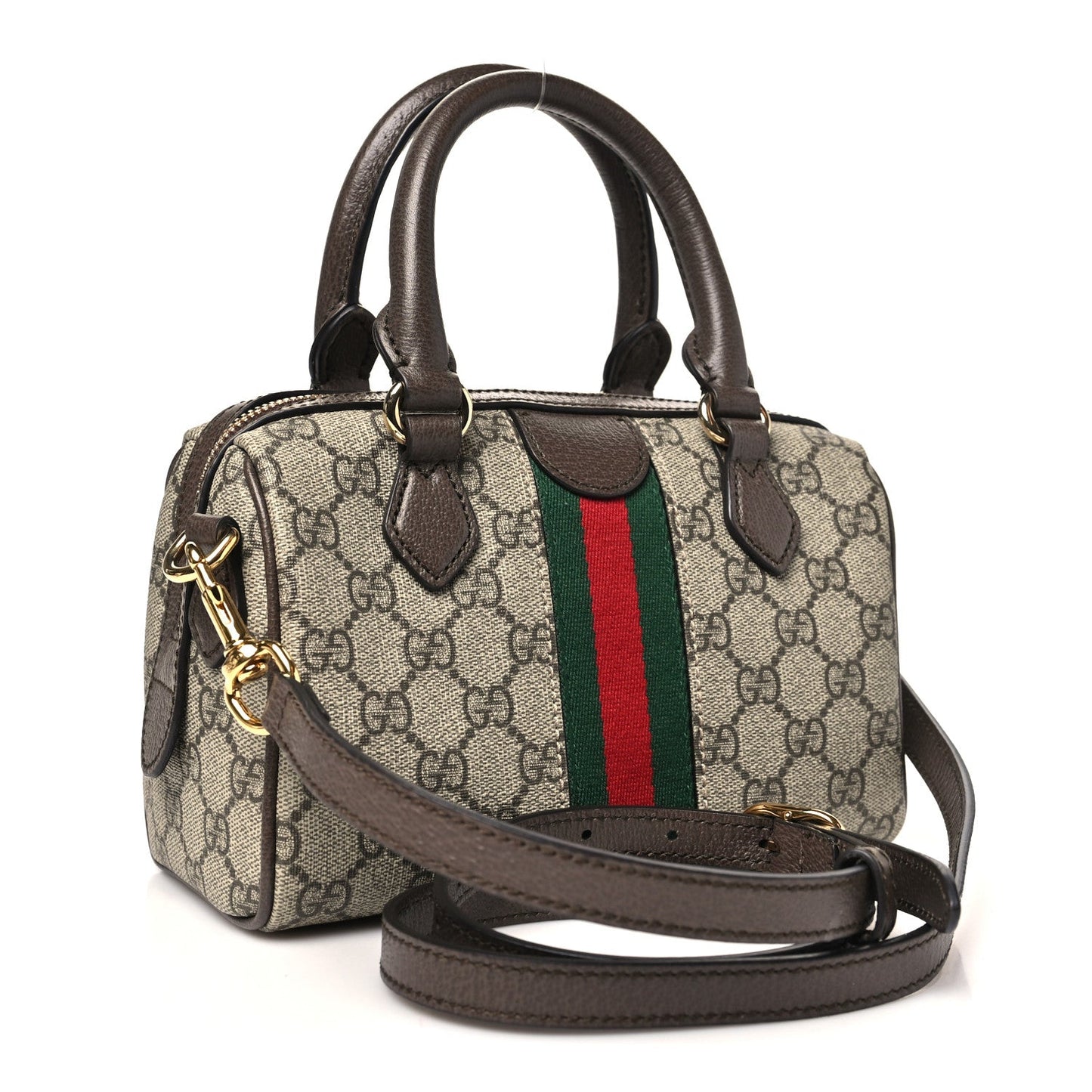 GG Supreme Monogram Textured Dollar Calfskin Web Mini Ophidia Top Handle Bowler Bag Beige Ebony New Acero