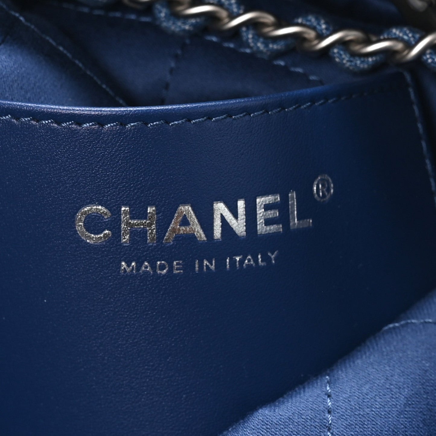 Washed Denim Logo Embroidered Mini Chanel 22 Blue