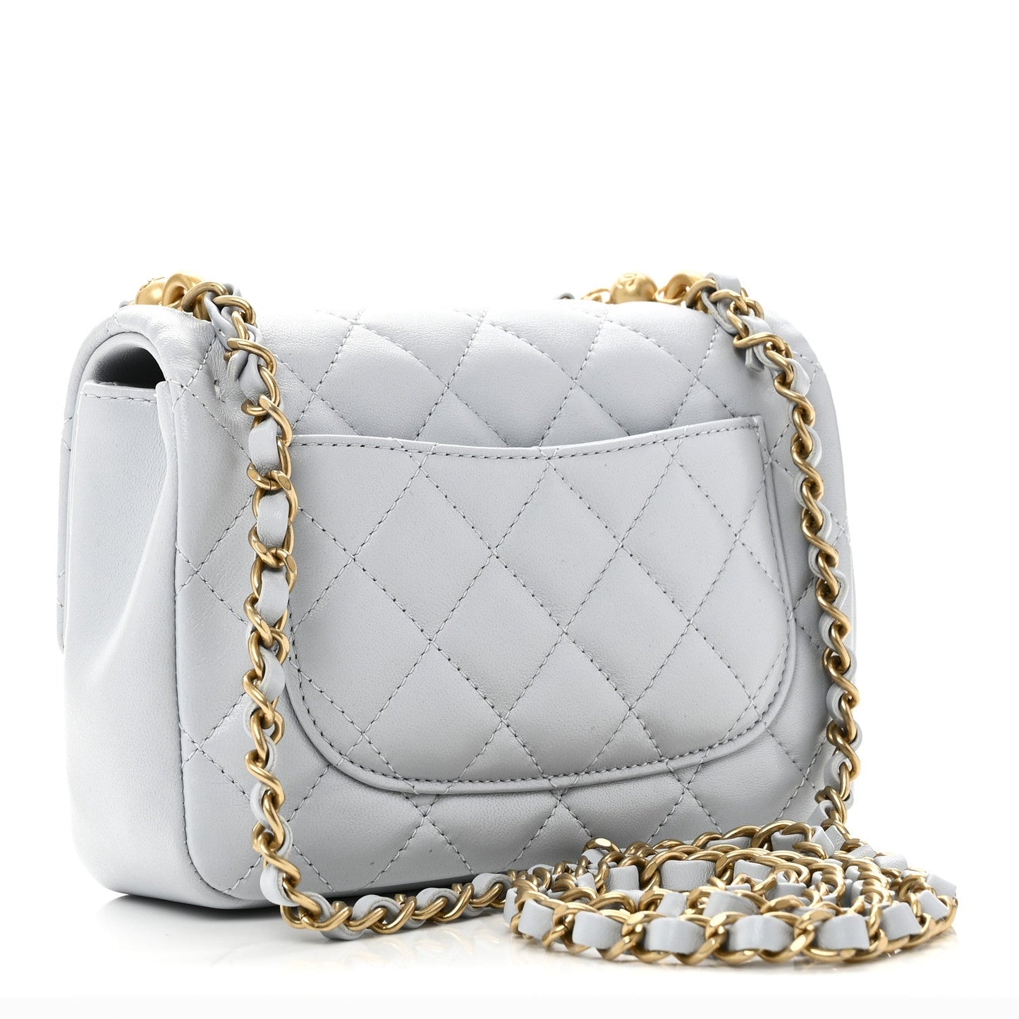 Shiny Lambskin Quilted Pearl Twist Mini Square Flap Light Blue