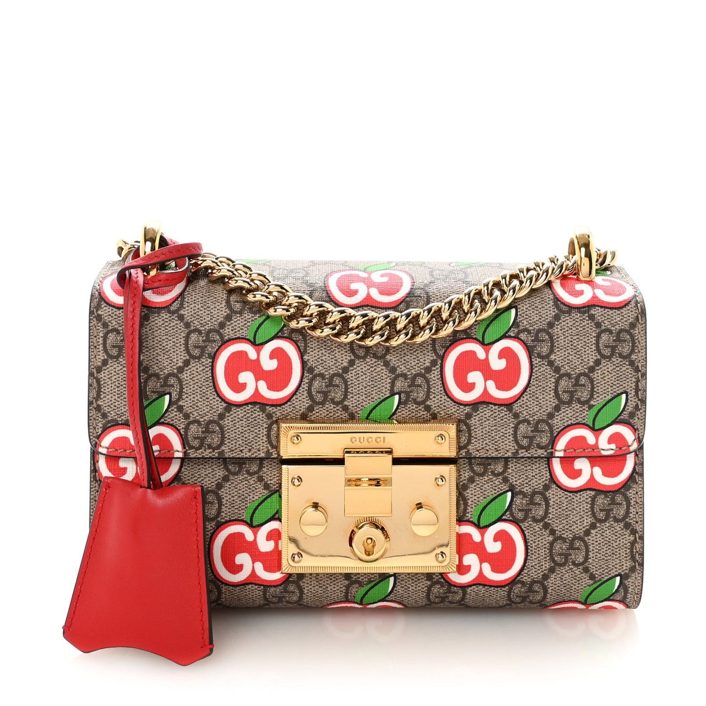 GG Supreme Monogram Apple Small Padlock Shoulder Bag Beige Multicolor Lobster Red
