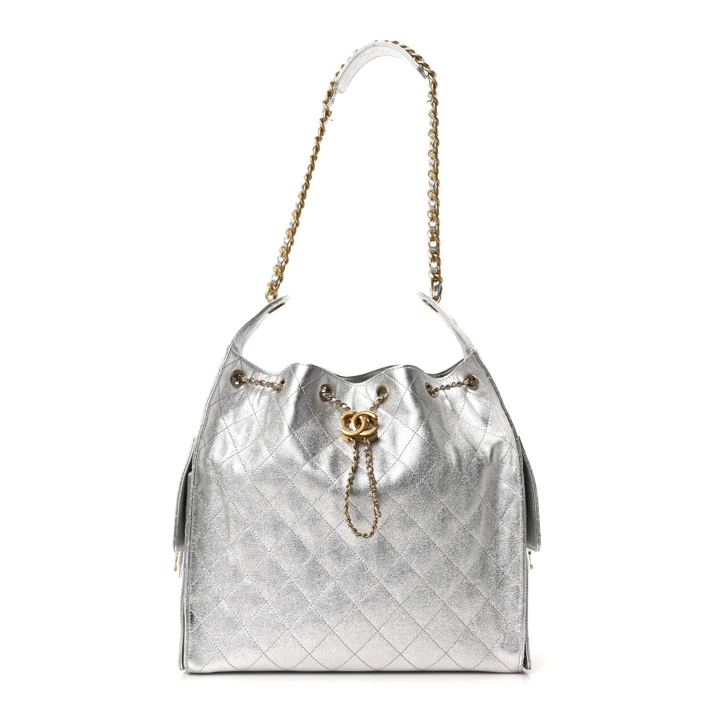 Metallic Caviar Quilted Medium Chanel 25 Handbag Silver