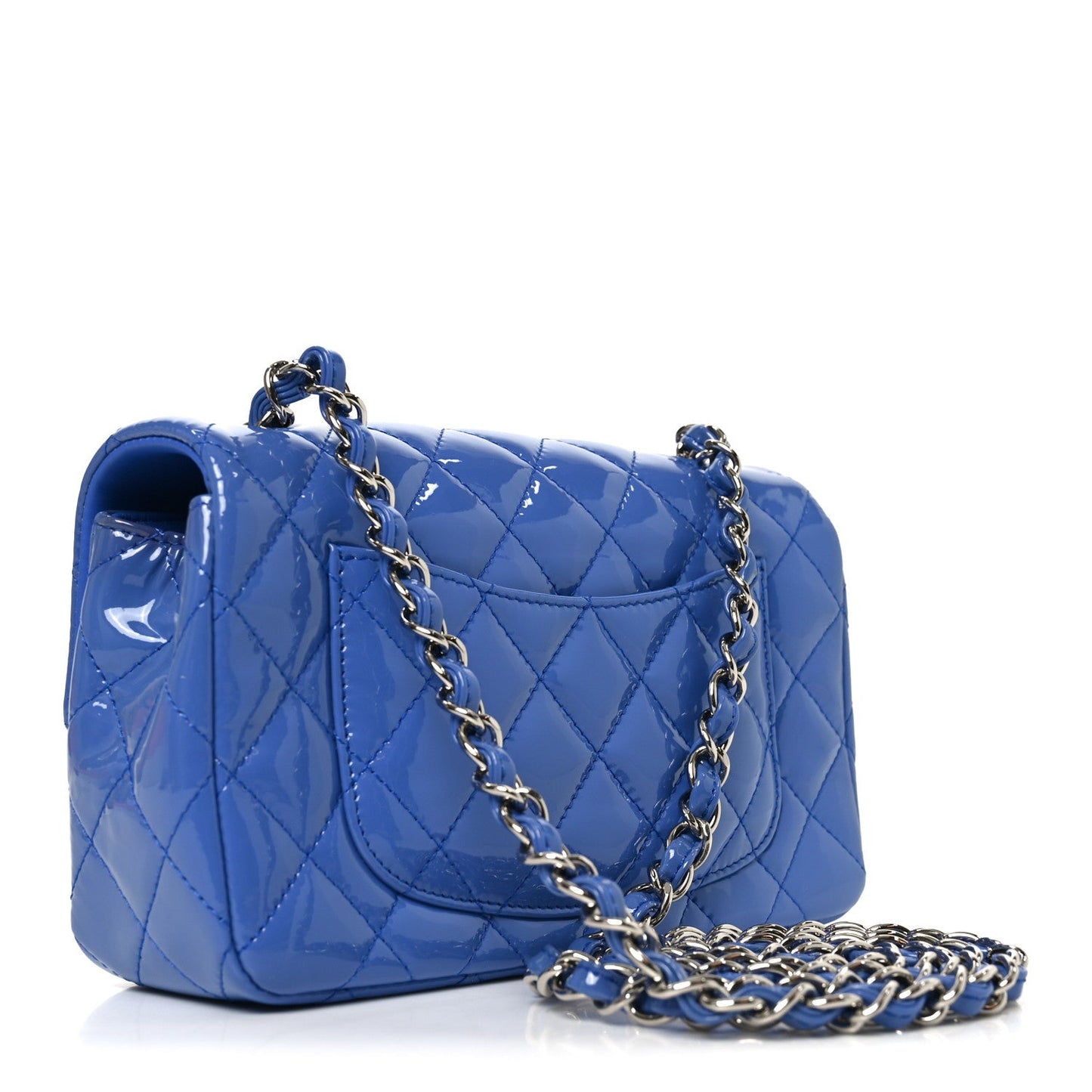 Patent Calfskin Quilted Mini Rectangular Flap Blue