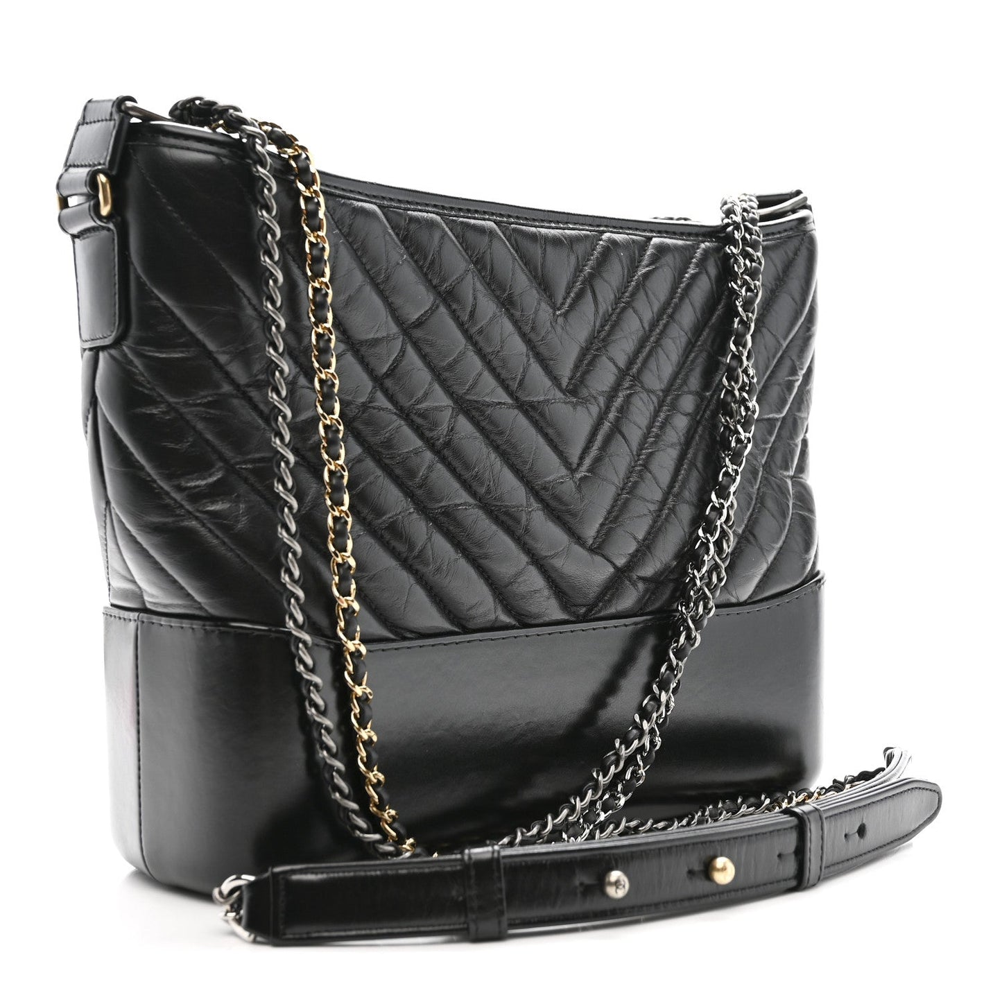 Aged Calfskin Chevron Quilted Medium Gabrielle Hobo Black