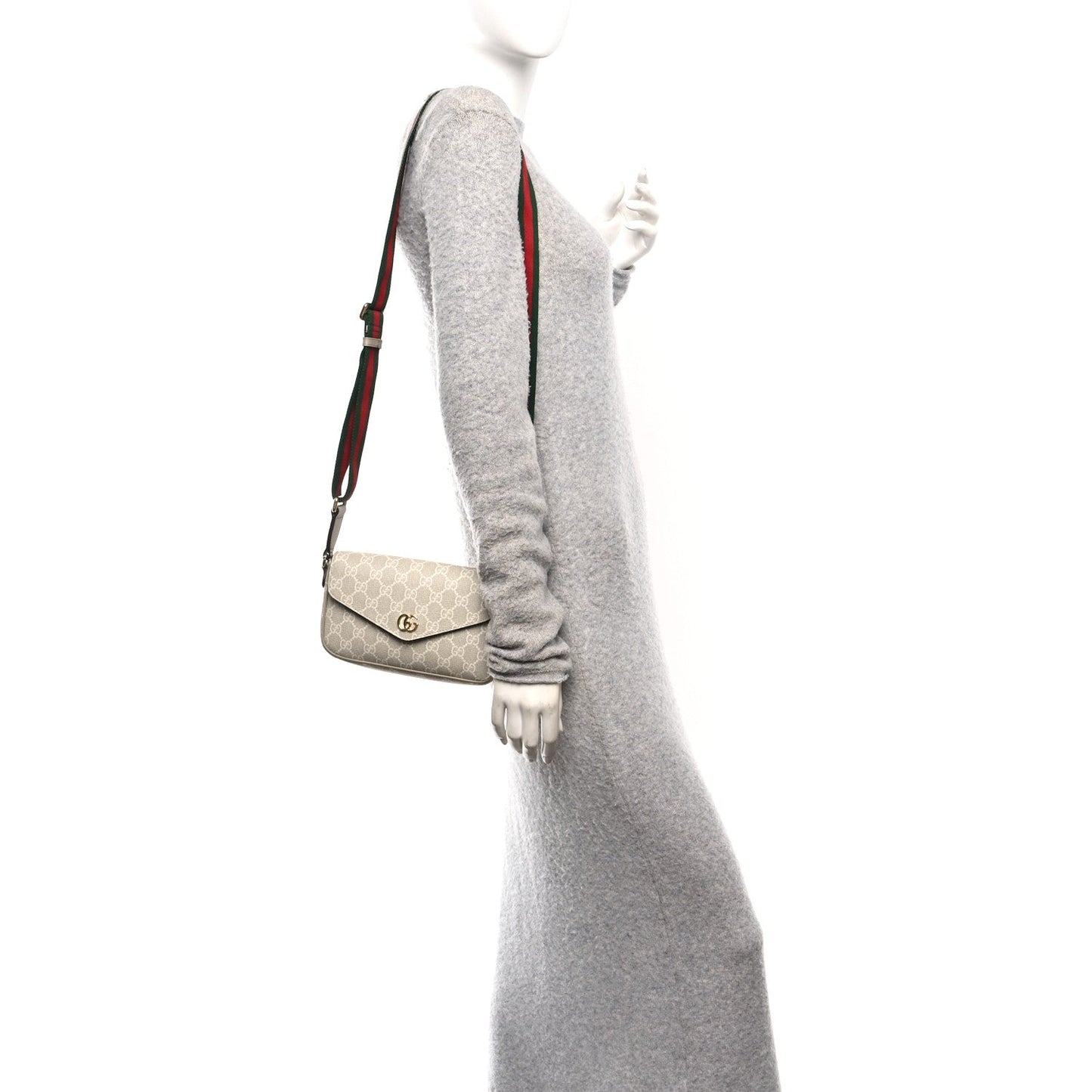 GG Supreme Monogram Textured Dollar Calfskin Web Mini Ophidia Envelope Shoulder Bag Beige Mystic White Oatmeal