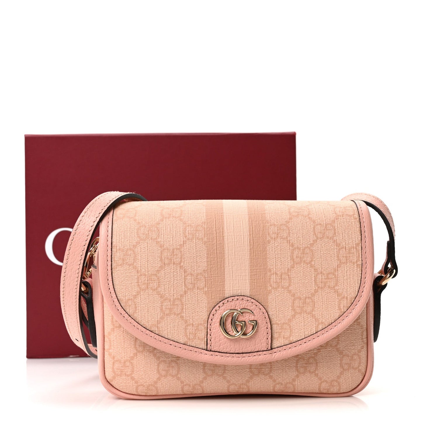 GG Supreme Monogram Textured Dollar Calfskin Mini Ophidia Flap Shoulder Bag Rose Pink