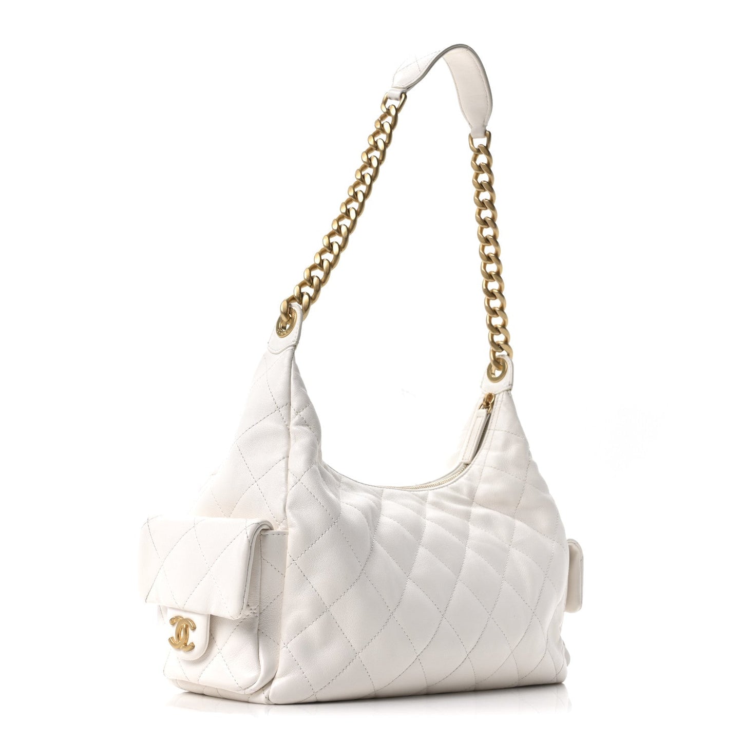 Shiny Lambskin Quilted Trendy Pockets Hobo White