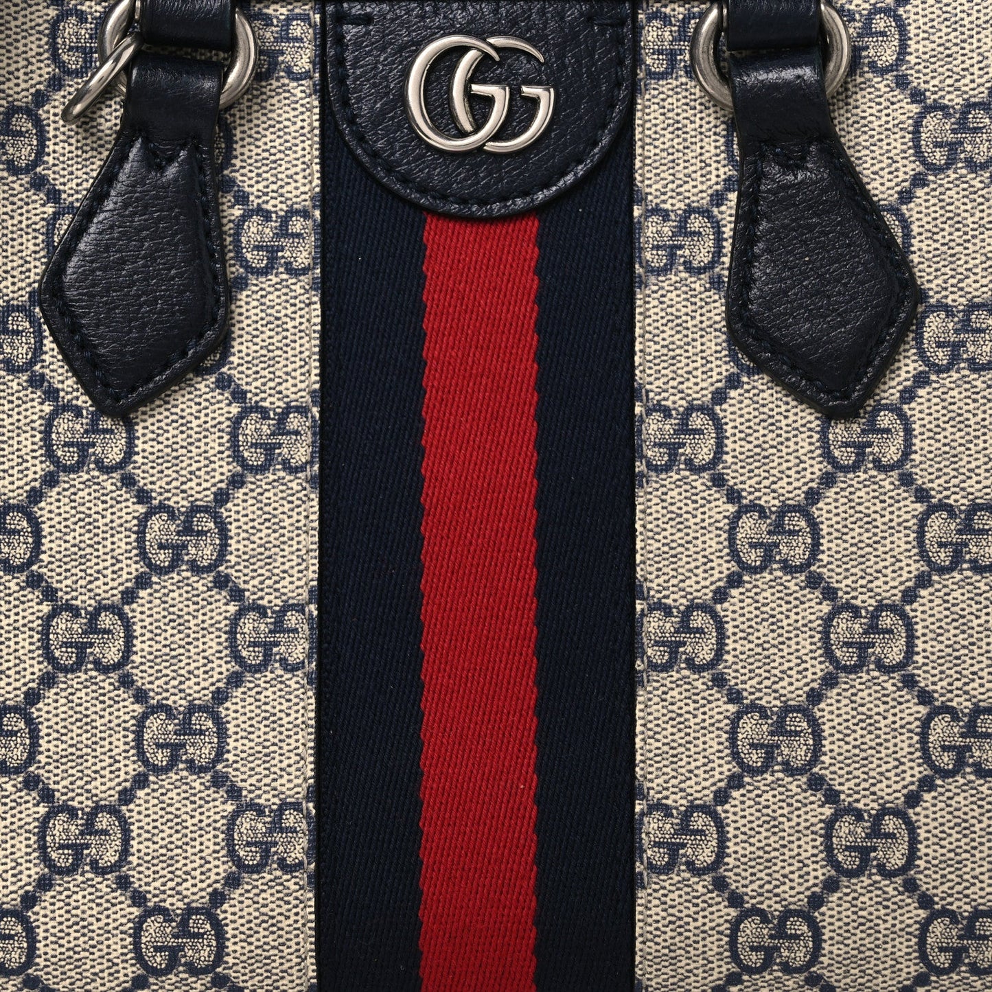 GG Supreme Monogram Textured Dollar Calfskin Web Small Ophidia Tote Bag Beige Blue