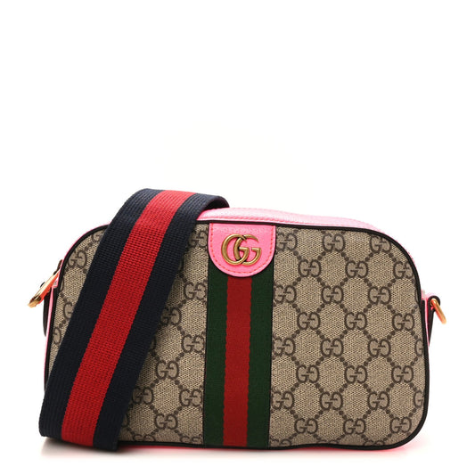 GG Supreme Monogram Textured Dollar Calfskin Web Ophidia Small Crossbody Bag Beige Ebony Fuchsia