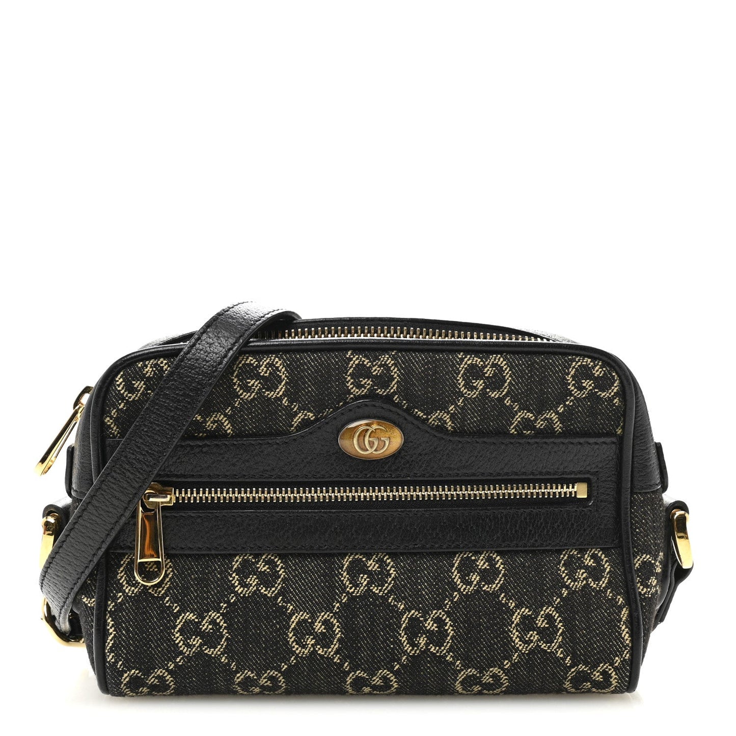 Jacquard Black Denim GG Monogram Textured Dollar Calfskin Mini Ophidia Shoulder Bag Black Ivory