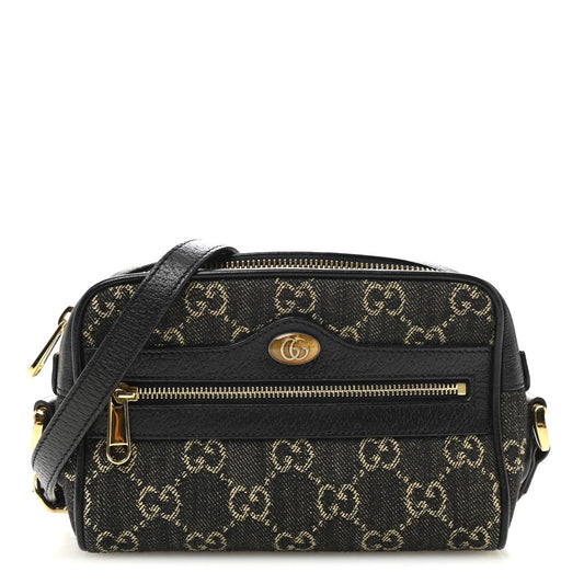 Jacquard Black Denim GG Monogram Textured Dollar Calfskin Mini Ophidia Shoulder Bag Black Ivory