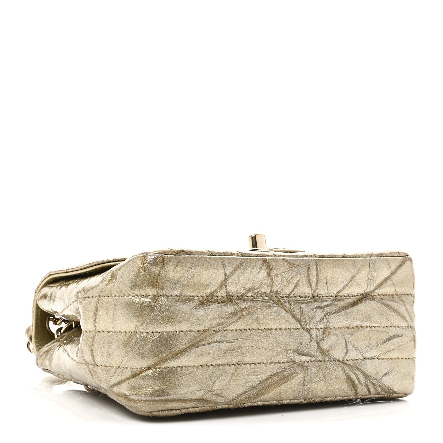 Patent Metallic Crumpled Calfskin Chevron Quilted Mini Square Flap Gold