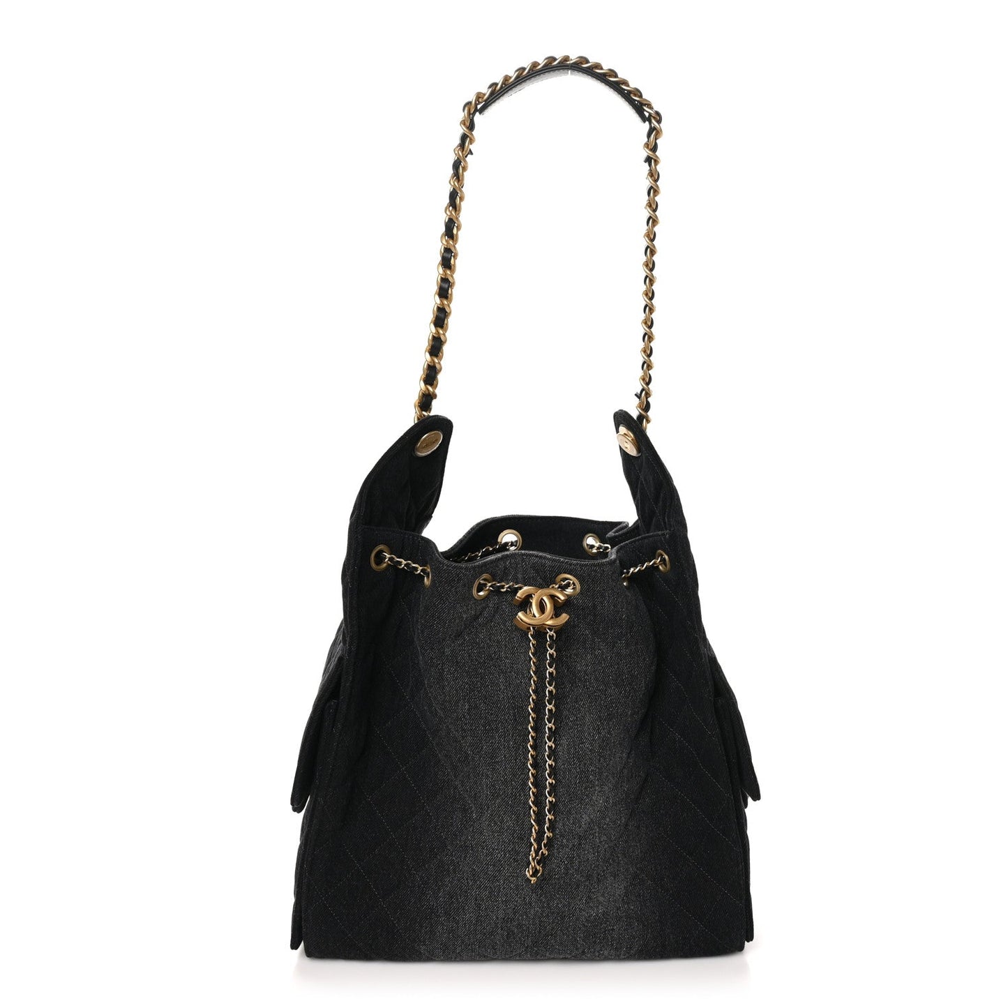 Washed Denim Quilted Medium Chanel 25 Handbag Black