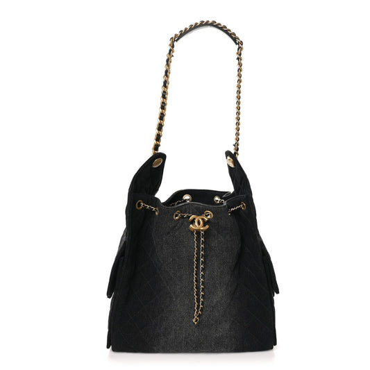 Washed Denim Quilted Medium Chanel 25 Handbag Black