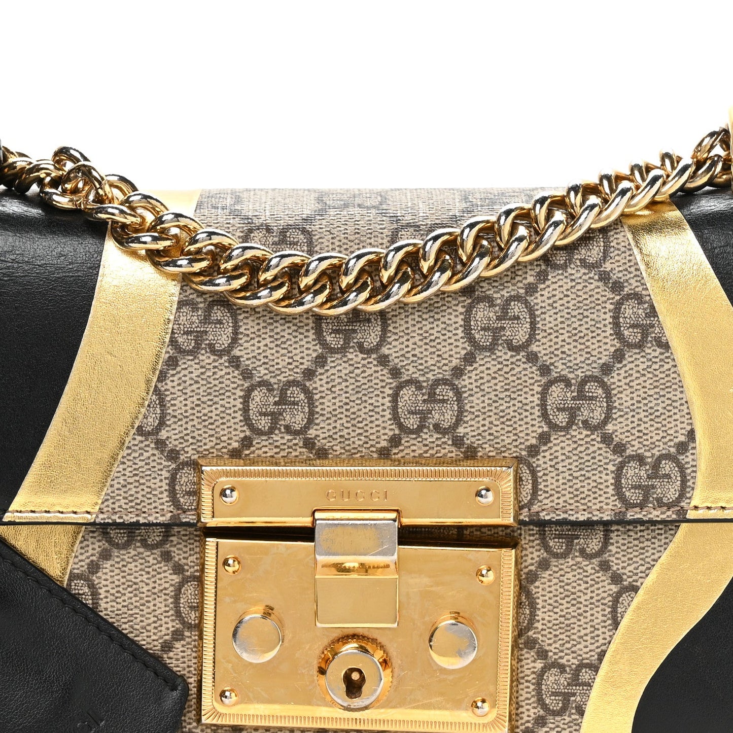 Calfskin GG Supreme Monogram Small Padlock Shoulder Bag Black Gold