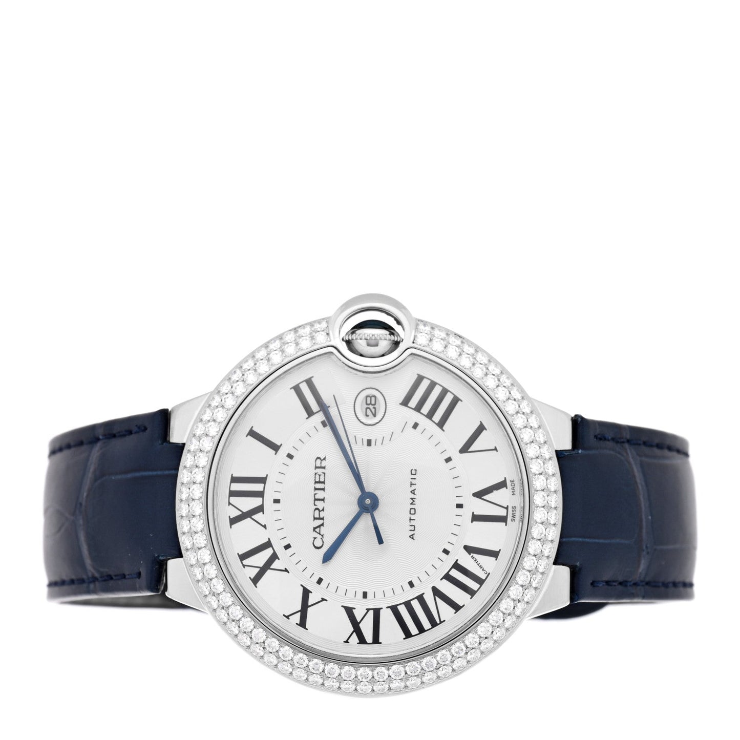 18K White Gold Alligator Diamond Pave Bezel 42mm Ballon Bleu De Cartier Automatic Watch