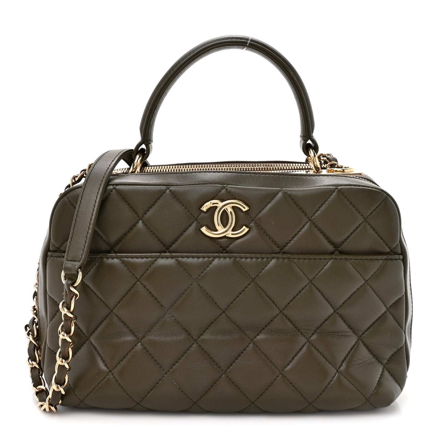 Lambskin Quilted Medium Trendy CC Bowling Bag Dark Khaki