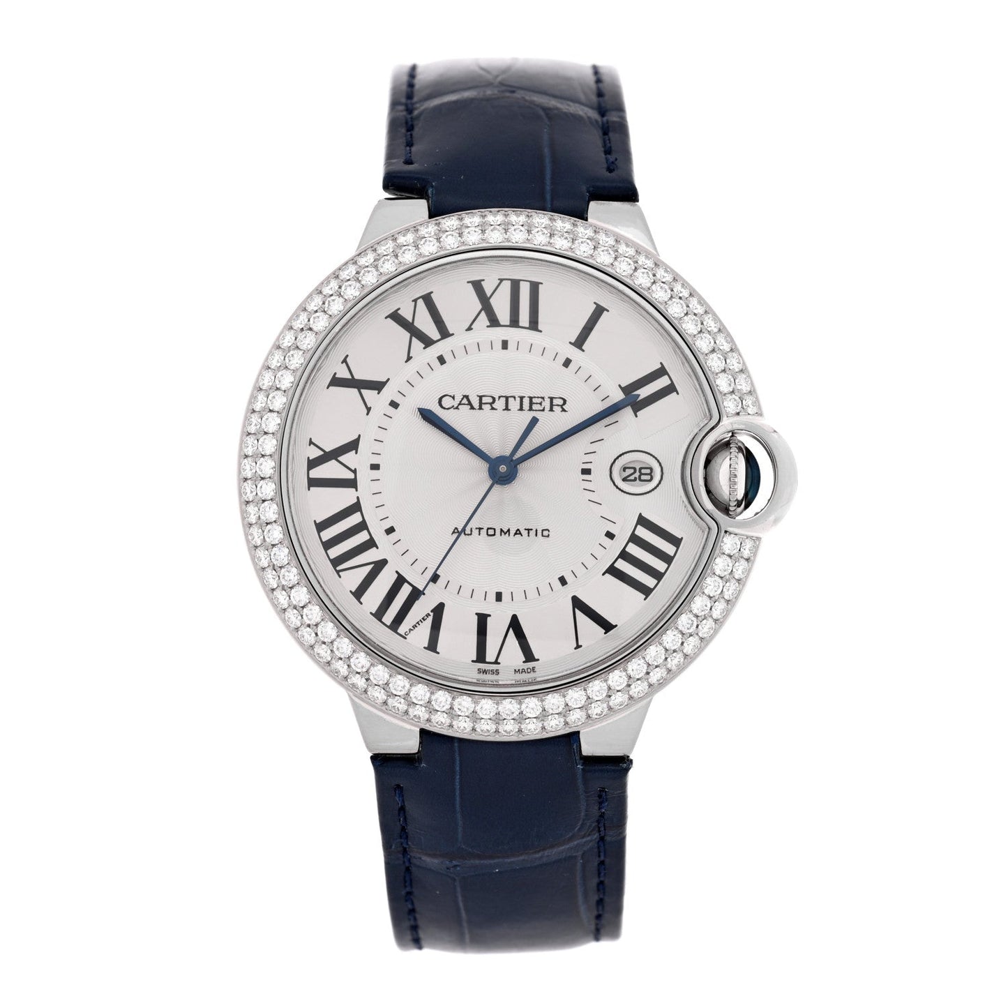 18K White Gold Alligator Diamond Pave Bezel 42mm Ballon Bleu De Cartier Automatic Watch