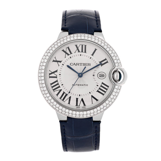 18K White Gold Alligator Diamond Pave Bezel 42mm Ballon Bleu De Cartier Automatic Watch