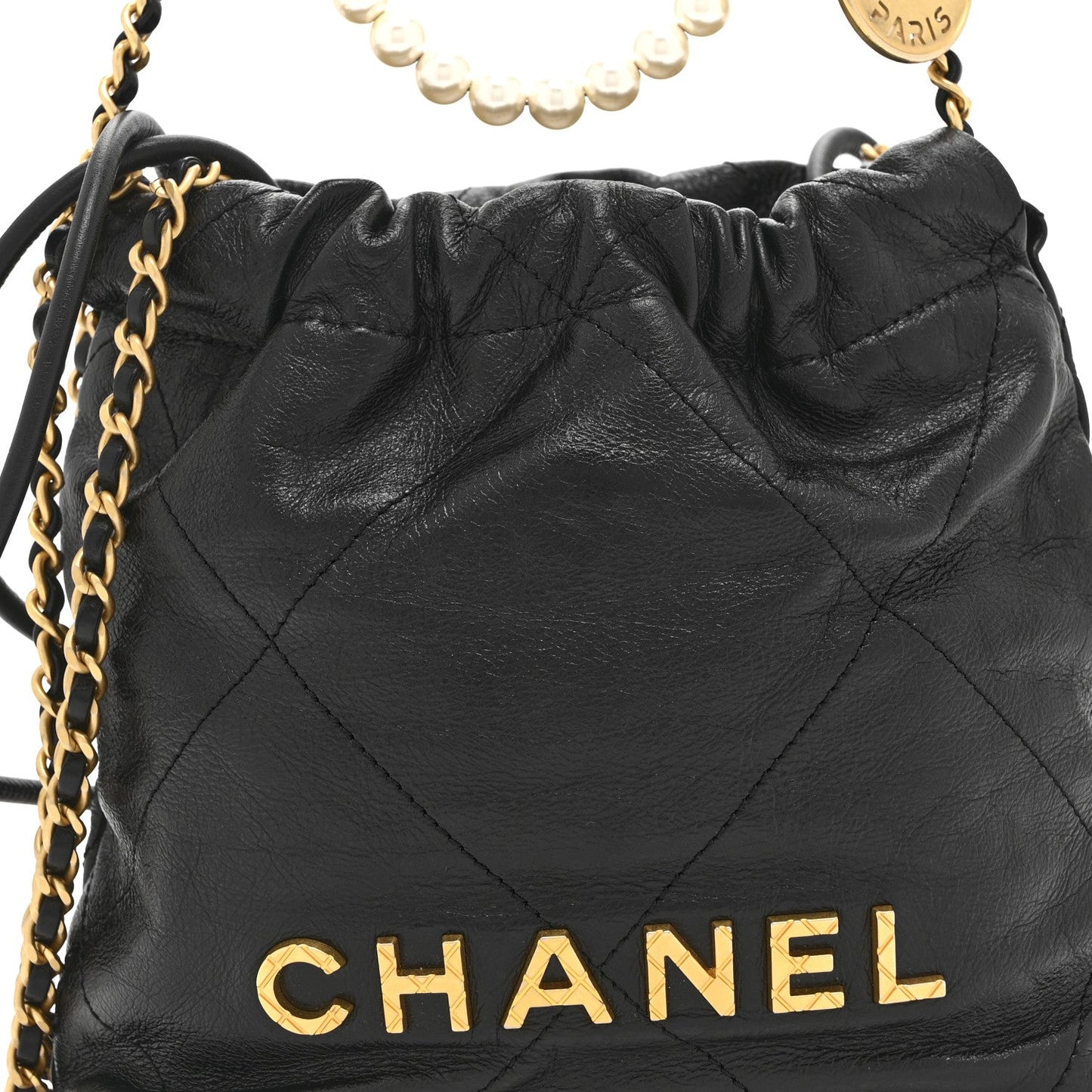 Shiny Crumpled Calfskin Quilted Pearl Mini Chanel 22 Black