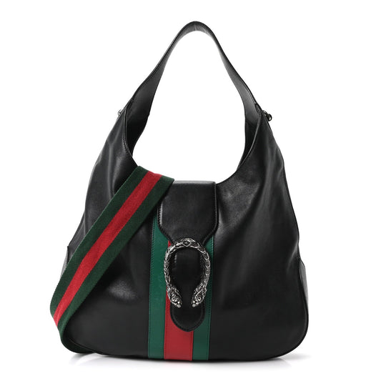 Calfskin Web Stripe Medium Dionysus Hobo Black