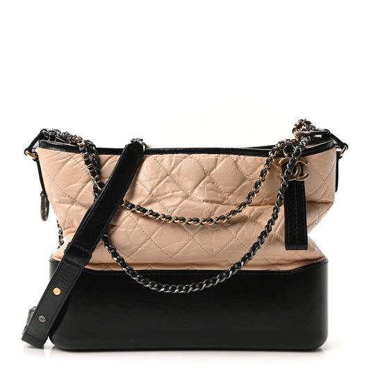 Aged Calfskin Quilted Medium Gabrielle Hobo Beige Black