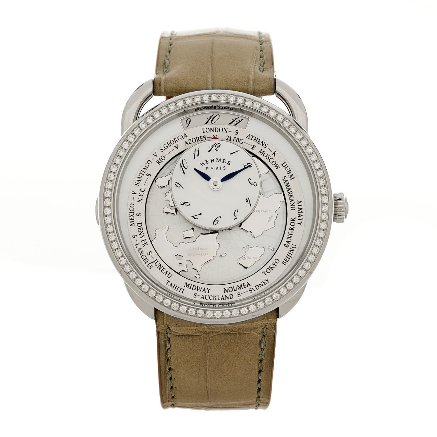 Stainless Steel Alligator Diamond Bezel Mother of Pearl 38mm Arceau Le Temps Voyageur Automatic Watch Gris Perle