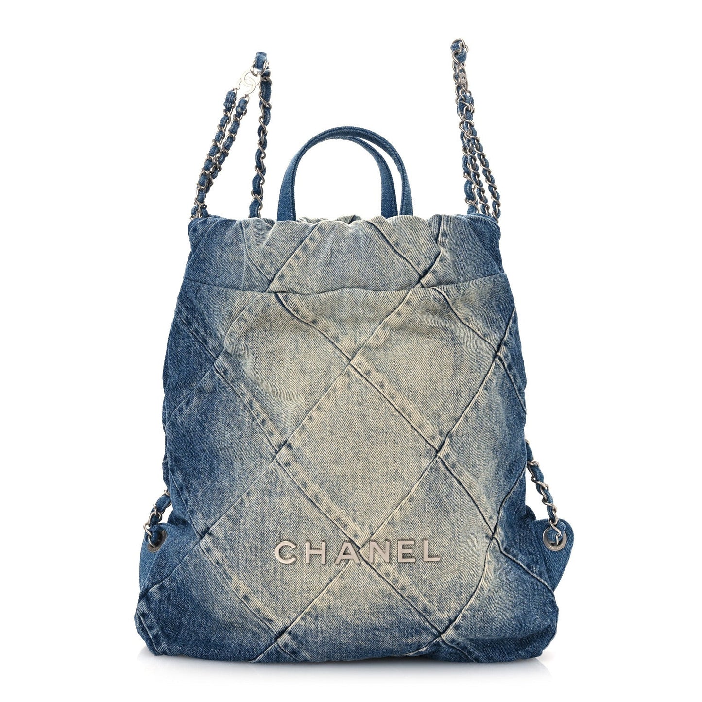 Denim Quilted Chanel 22 Backpack Blue