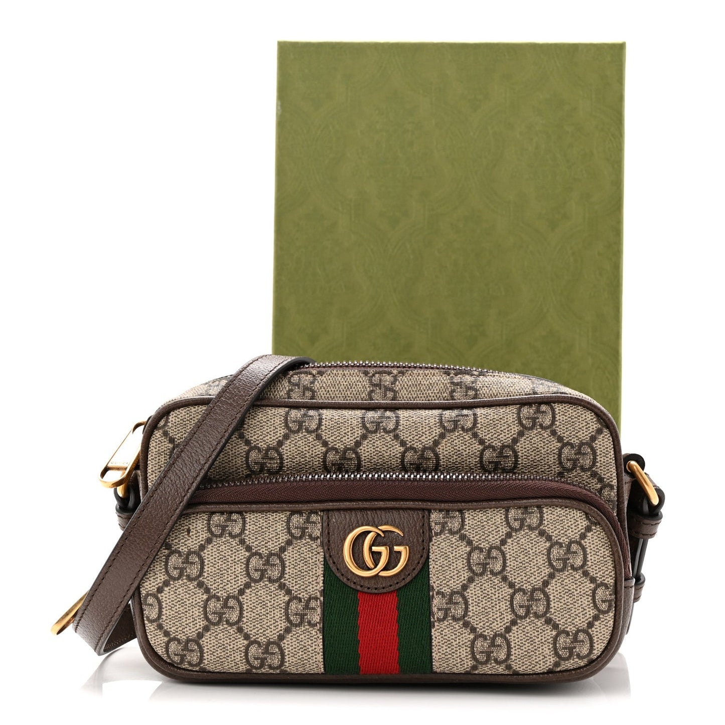 GG Supreme Monogram Textured Dollar Calfskin Web Mini Ophidia Convertible Shoulder Bag Beige Ebony New Acero