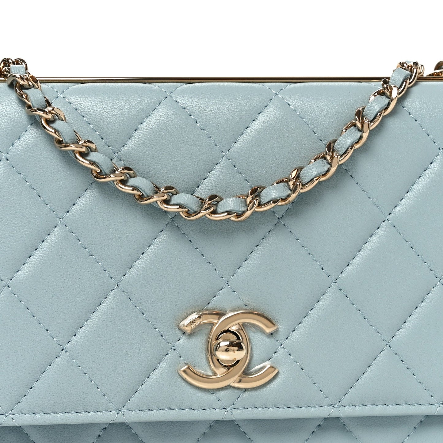 Lambskin Quilted Trendy CC Wallet On Chain WOC Light Blue