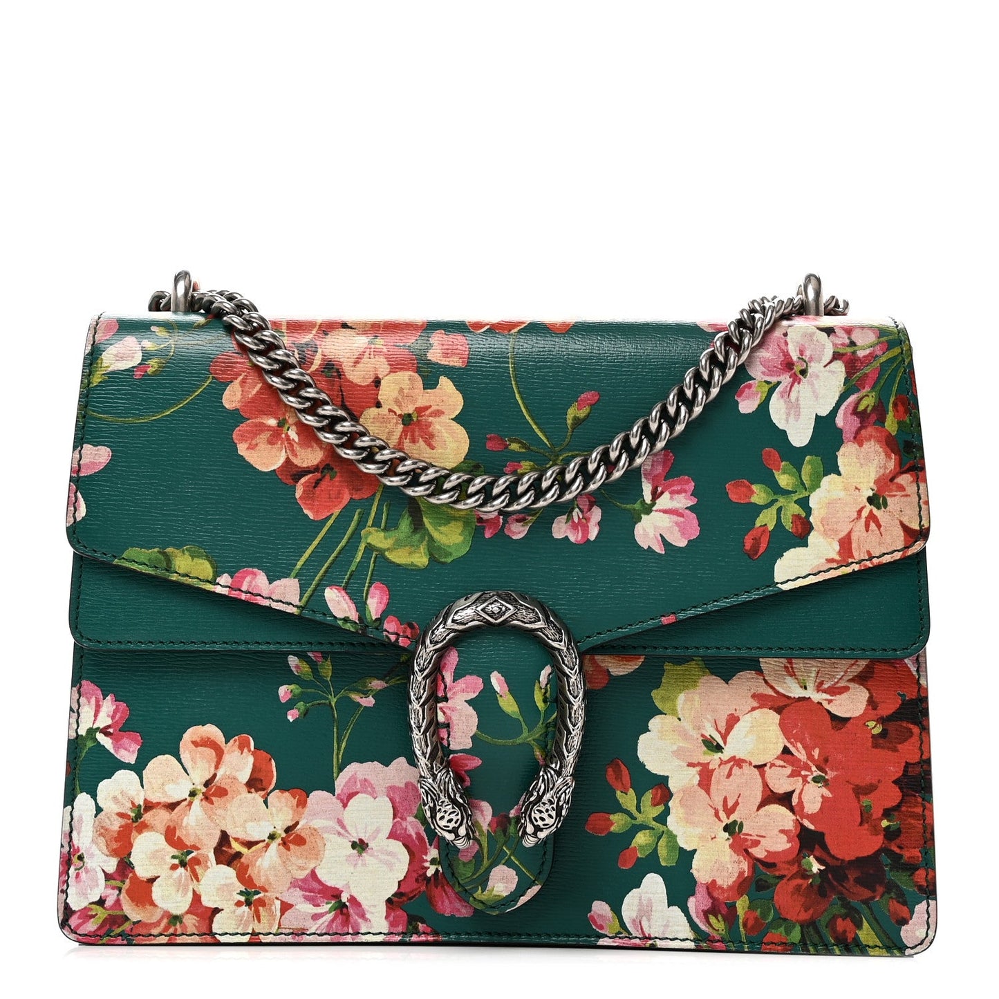 Calfskin Blooms Print Medium Dionysus Shoulder Bag Bright Emerald Multicolor