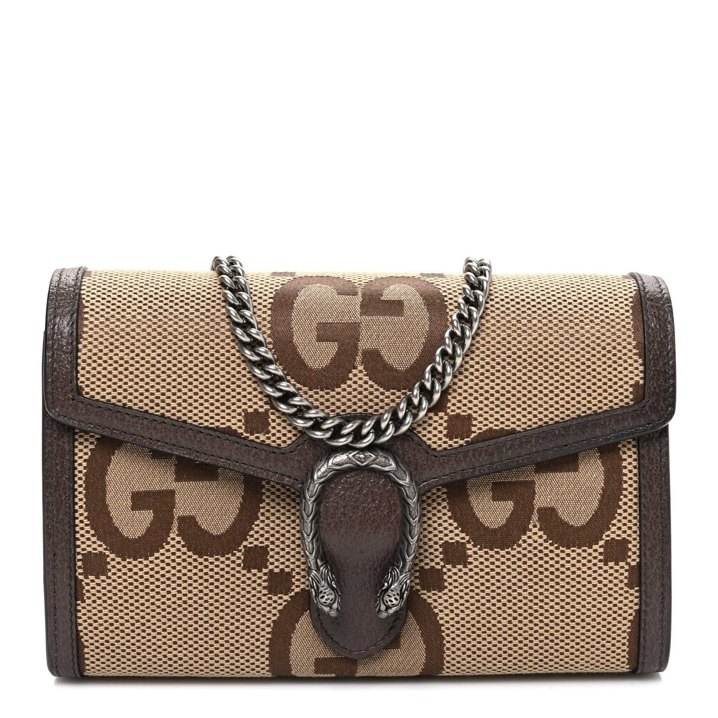 Monogram Jumbo GG Textured Dollar Calfskin Mini Dionysus Chain Wallet Camel Ebony New Acero