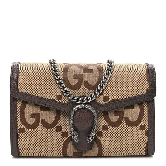 Monogram Jumbo GG Textured Dollar Calfskin Mini Dionysus Chain Wallet Camel Ebony New Acero