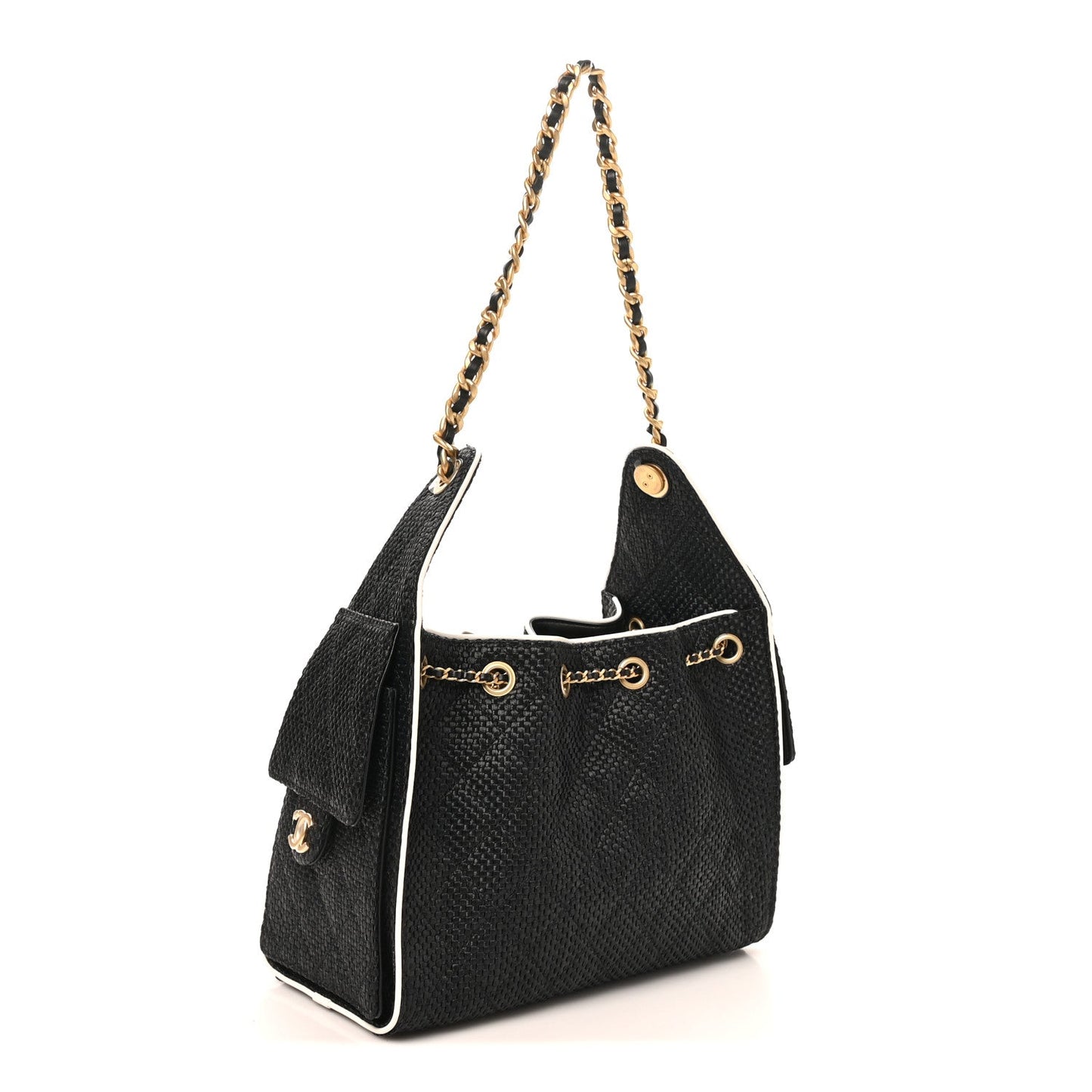 Braided Raffia Calfskin Quilted Small Chanel 25 Handbag Black White