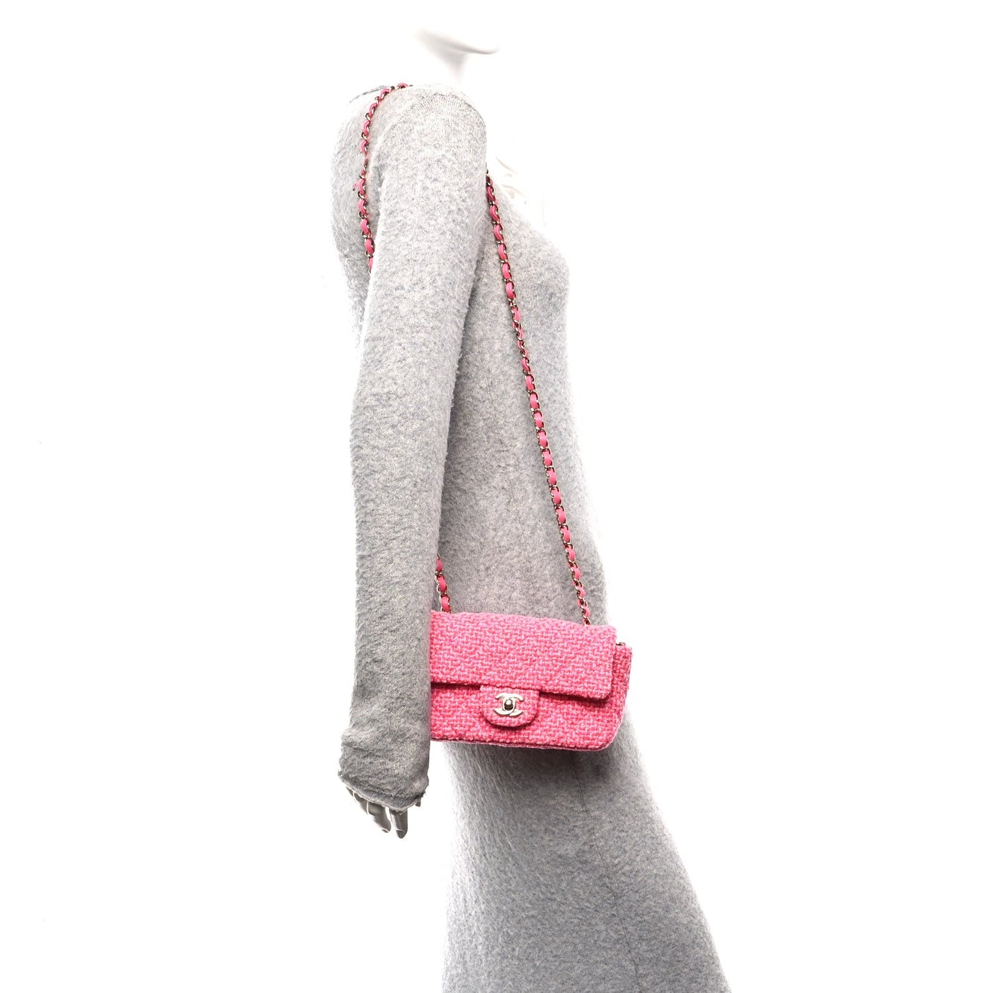 Wool Tweed Quilted Mini Rectangular Flap Dark Pink Fuchsia